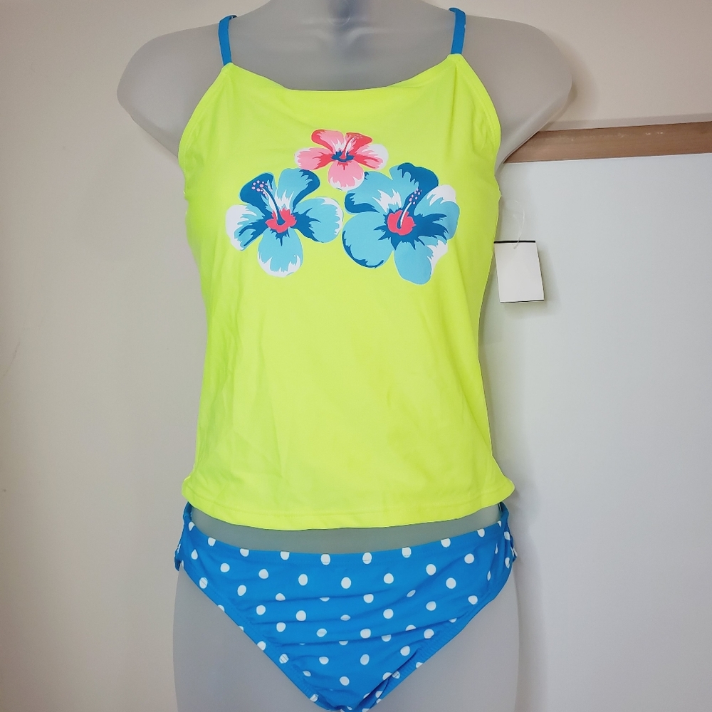 OP Floral Yellow Tankini Bright Yellow Blue White Polka Dot Bottom